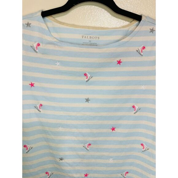 Talbots Womens Blue/White Striped Ice Skates Embroidered Long Sleeve Tee Size XS - Picture 2 of 5